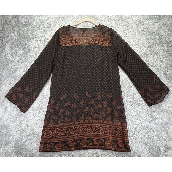 Bebop Medium Shift Dress Boho Chic Brown Black Sheer Mini Paisley - Picture 2 of 7